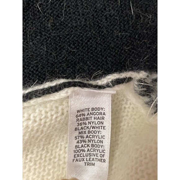 Trouve White Black Angora Faux Leather Trim Cardigan Sweater Women's Size Medium - Picture 8 of 9